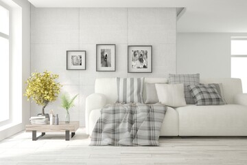 White living room with sofa. Scandinavian interior design. 3D illustration