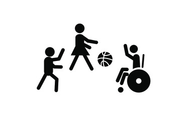 Inclusion and diversity concept. Black and white pictograms of children playing basketball. A boy in a wheelchair is playing basketball with his friends. Vector illustration
