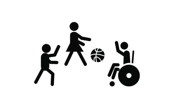 Inclusion And Diversity Concept. Black And White Pictograms Of Children Playing Basketball. A Boy In A Wheelchair Is Playing Basketball With His Friends. Vector Illustration