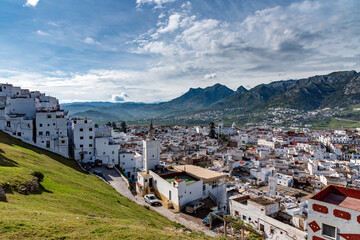 Fototapeta na wymiar The medina of Tetouan in Morocco. A view of the medina from the top of the hill, with a mosque in the foreground.