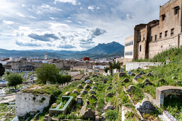 The medina of Tetouan in Morocco. A view of the Tetouan cemetery. The ancient tombs are drowned in...