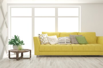 White living room with sofa. Scandinavian interior design. 3D illustration