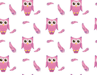 Childish seamless pattern with pink owl and feathers isolated on white background. Perfect for wallpaper, gift wrapping and textiles. Cute cartoon birds