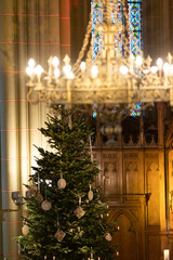 A decorated Christmas tree in a church
