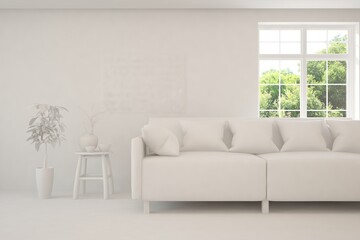 Mock up of stylish room in white color with sofa and green landscape in window. Scandinavian interior design. 3D illustration