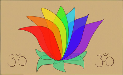 Lotus flower in rainbow colors with a golden background. At both sides of the flower are the indian om symbols