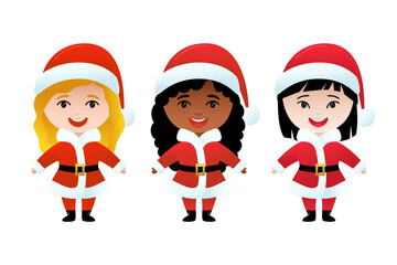 Three cute santa girls of different races