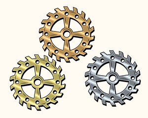 Obraz premium Gold, brass, copper, steel gears in retro style. Good for decoration in steampunk style. Vector.