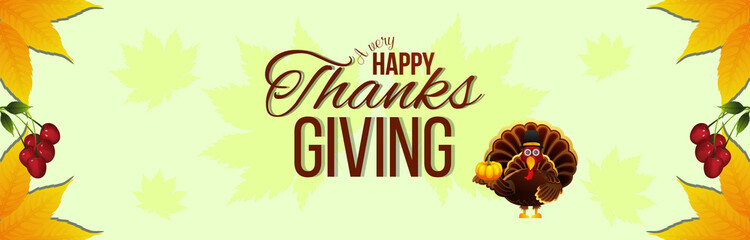 Happy thanksgiving day banner with vector turkey bird and autumn leafs
