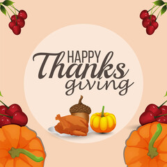 Happy thanksgiving day flat design concept with pumpkin and cherries