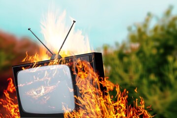 Retro vintage TV is burning with fire. Concept of post apocalypse, surrealism
