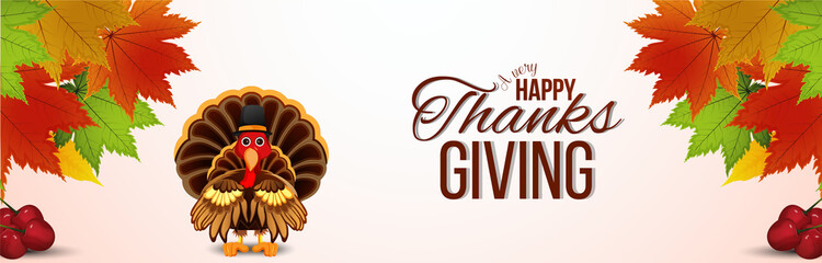 Happy thanksgiving day banner with vector turkey bird and autumn leafs