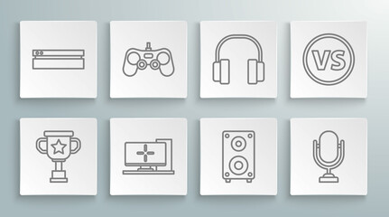 Set line Award cup, Gamepad, Computer monitor, Stereo speaker, Microphone, Headphones, VS Versus battle and Video game console icon. Vector