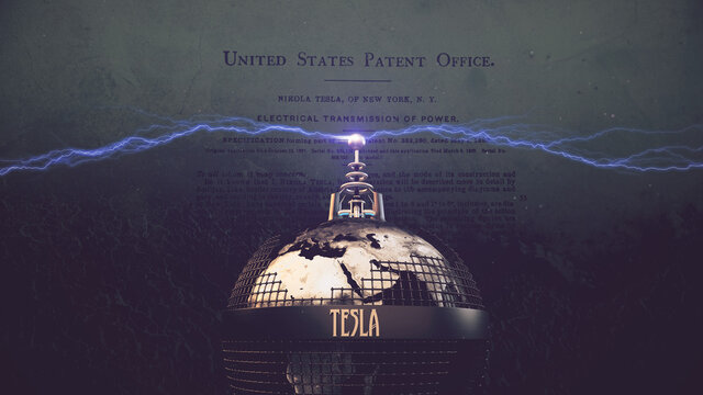 Poster: Tesla-Tower mit blauen elektr. Blitzen auf Globus in Gitter-K&auml;fig | Poster Konzept/Idee  globale drahtlose Energie&uuml;bertragung der Zukunft - Vision Freie Energie | 3D Render Illustration
