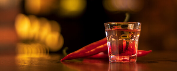 vodka shot with chilli pepper on wooden table panorama