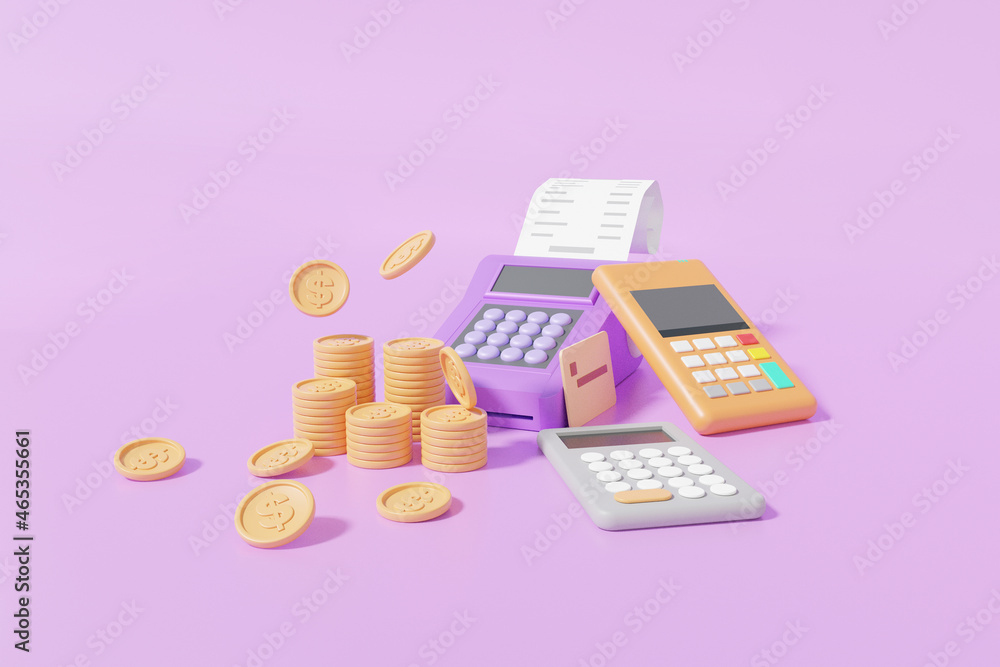 Poster pos terminal and calculator with stack coins floating, payments concept. minimal cute smooth on purp