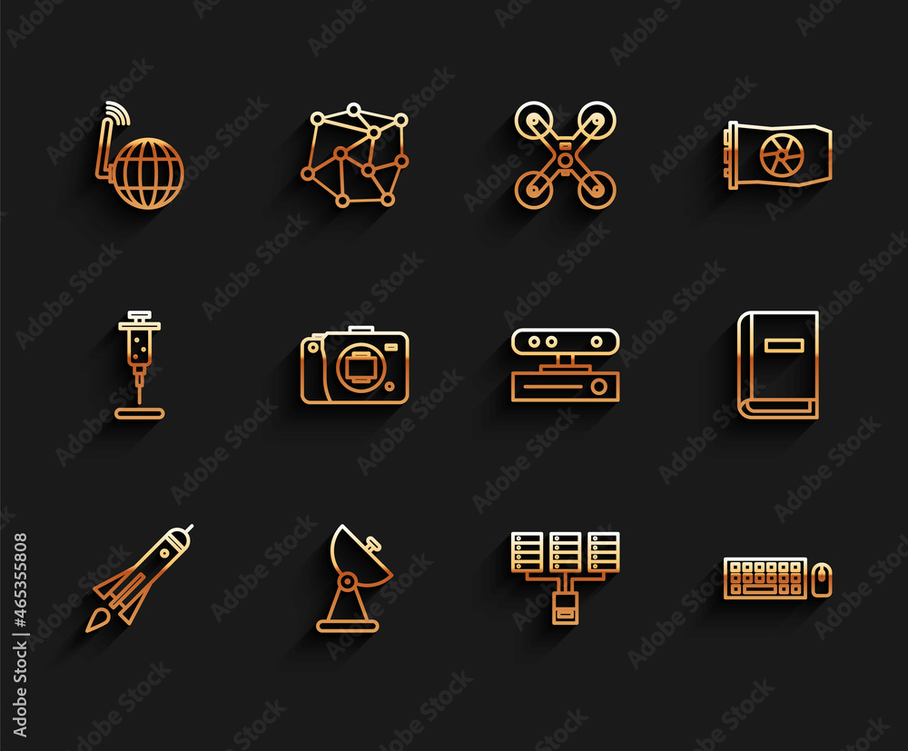 Poster set line rocket ship with fire, radar, social network, server, data, web hosting, keyboard and mouse