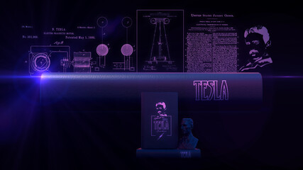 Buch mit Aufdruck "TESLA" - Arrangement mit Cover [fiktiv], Büste von Nikola Tesla und Erfindungen; dezent neonfarbig beleuchtet mit blauem Lichtreflex vor dunklem Hintergrund | 3D Render Illustration