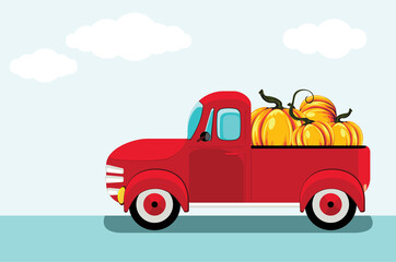 Red pickup truck and pumpkins - obrazy, fototapety, plakaty