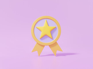 3D Quality guarantee icon with star on purple background. Best premium winner concept. Cartoon minimal cute smooth. 3d rendering illustration