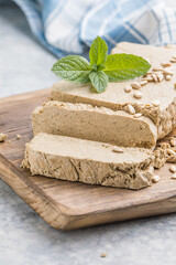 Sunflower halva close-up.  Sweet oriental dessert halva. Sweets for tea.