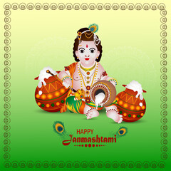 Indian festival happy janmashtami celebration background with lod krishna illustration - obrazy, fototapety, plakaty