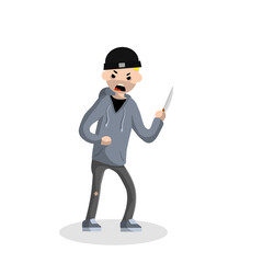 Angry young man with knife. Street Crime. Criminal guy offender. Robber thief in hoodie. Urban security problem - Cartoon flat illustration