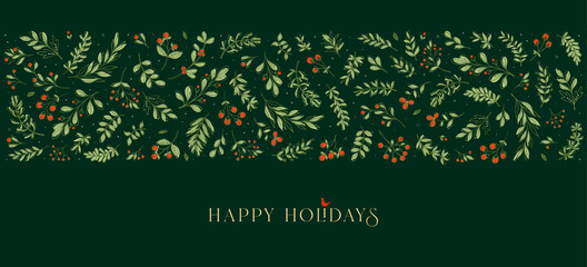Ornate horizontal Christmas, Holiday border with floral motives and greetings. Universal modern line art florals. Merry xmas header or banner. Wallpaper or backdrop decor.