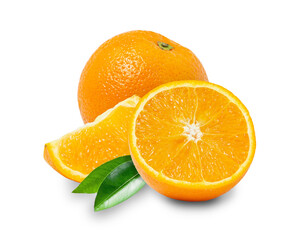 Orange isolated on white background. Sliced orange wedges. Ripe and juicy orange