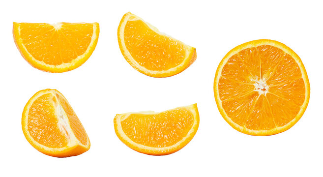 Orange isolated on white background. Sliced orange wedges. Ripe and juicy orange