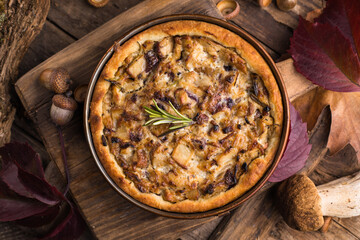 Individual chicken mushroom pot pie with puff pastry crust. top view