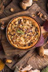 Individual chicken mushroom pot pie with puff pastry crust. top view