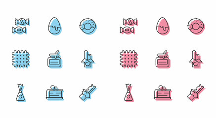 Set line Candy, Piece of cake, Bitten chocolate bar, Jar honey, Chocolate, Cracker biscuit and egg icon. Vector