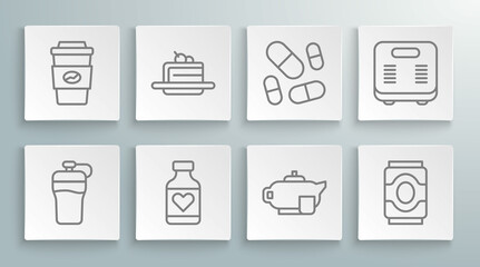 Set line Fitness shaker, Cake, Vitamin pill, Teapot with cup, Soda can, Bathroom scales and Coffee to go icon. Vector