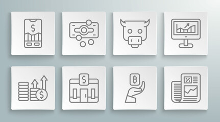 Set line Financial growth and dollar, Stacks paper money cash, Bank building, Hand holding Bitcoin, Business finance report, Bull market, Computer with graph and Mobile stock trading icon. Vector