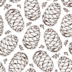 Cedar cone seamless pattern, vector hand-drawn background