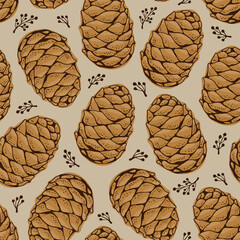 Cedar cone seamless pattern, vector hand-drawn background