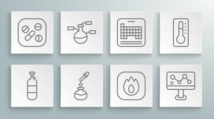 Set line Propane gas tank, Test tube and flask, Fire flame, Chemical formula, Periodic table, Medical thermometer and Medicine pill tablet icon. Vector