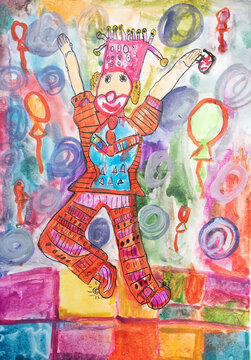 Children's drawing of a cheerful clown in full growth with watercolor paints