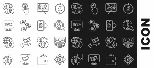 Set line Coin money with Yen, Stacks paper cash, dollar, Cryptocurrency exchange, IPO, and Mining bitcoin from mobile icon. Vector