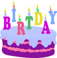 Cake, candles and birthday sign.
Cakes with candles spelling birthday isolated on white illustration
