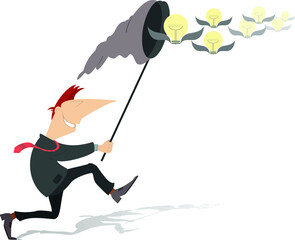 Businessman with bulbs as a symbol of creativity, intelligence and imagination concept illustration.
Smiling businessman catches bulb with wings by butterfly net on white background
