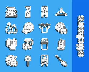 Set line Handle broom, Toilet paper roll, Washing dishes, Clothes pin, Garbage bag, Home cleaning service and Drying clothes icon. Vector