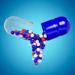 Medication granules are poured out of an open capsule on a blue background. Production of drugs. Medical theme. 3d rendering. 