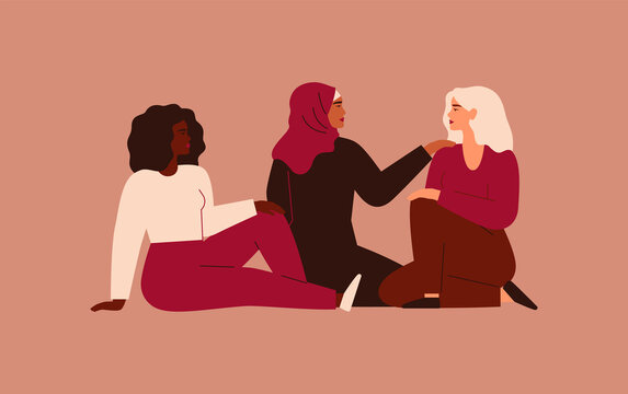 Women support each other. Three strong female characters sit together and hold arms. Friendship and partnership poster, the union of feminists and sisterhood. Vector illustration