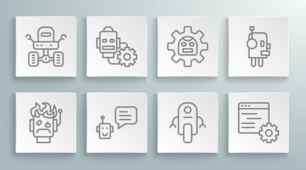 Set line Robot burned out, setting, Bot, Computer api interface, and Mars rover icon. Vector