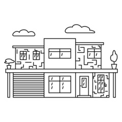 Stylish design of a two-storey country house with a garage. Vector complex icon with detail, offline, isolated.