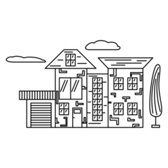 Residential cottage with garage and modern design. Vector complex icon with detail, offline, isolated.