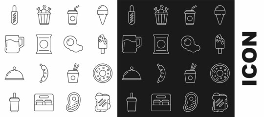 Set line Sandwich, Donut, Ice cream, Paper glass with straw, Bag or packet potato chips, Wooden beer mug, Hotdog sandwich and Scrambled eggs icon. Vector