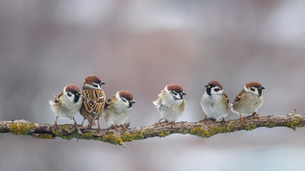 group of funny birds sparrows sitting on a branch in the park
